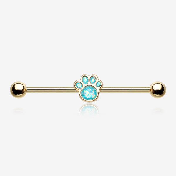 Golden Adorable Paw Print Opalescent Sparkle Industrial Barbell-Teal