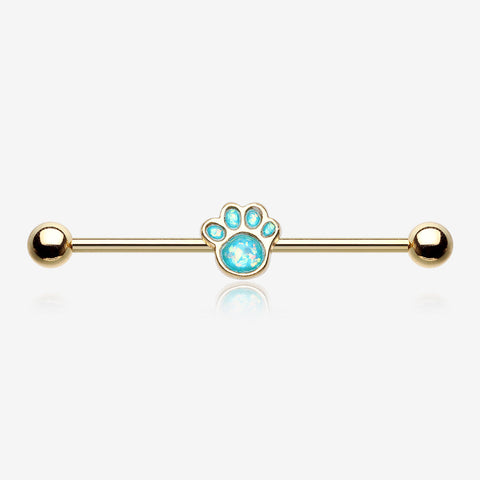 Golden Adorable Paw Print Opalescent Sparkle Industrial Barbell-Teal