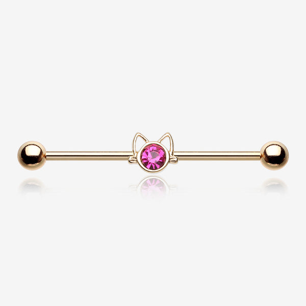 Golden Adorable Cat Face Sparkle Industrial Barbell-Fuchsia