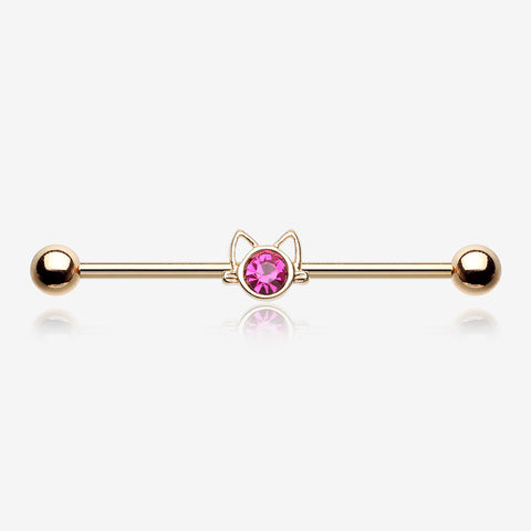 Golden Adorable Cat Face Sparkle Industrial Barbell-Fuchsia