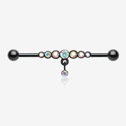 Blackline Dazzling Gem Row Sparkle Dangle Industrial Barbell-Black/Aurora Borealis