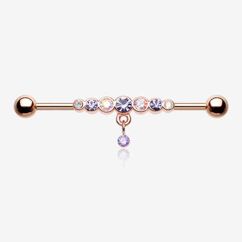 Rose Gold Dazzling Gem Row Sparkle Dangle Industrial Barbell-Tanzanite/Aurora Borealis