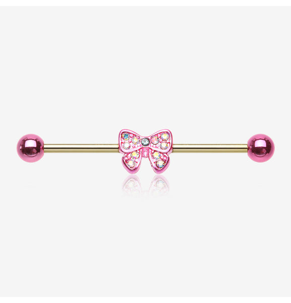 Golden Dainty Pink Bow-Tie Sparkle Industrial Barbell-Pink/Aurora Borealis/Aqua