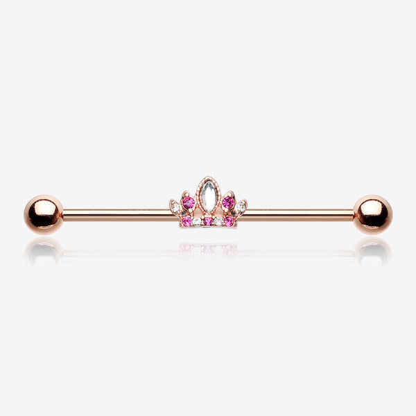 Rose Gold Tiara Crown Sparkle Industrial Barbell-Clear Gem/Fuchsia