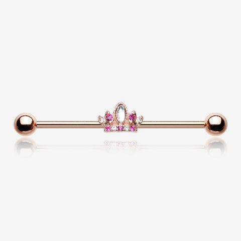 Rose Gold Tiara Crown Sparkle Industrial Barbell-Clear Gem/Fuchsia