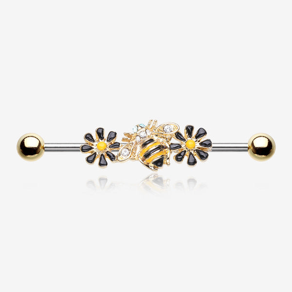 Golden Sweet Daisy Bumble Bee Industrial Barbell-Clear Gem/Aqua