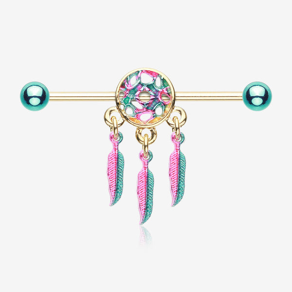 Golden Vibrant Dreamcatcher Industrial Barbell-Rainbow/Multi-Color