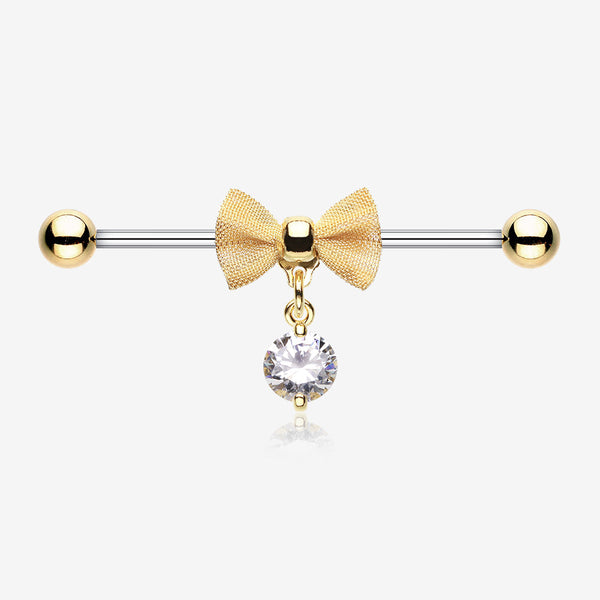 Golden Adorable Mesh Bow-Tie Industrial Barbell-Clear Gem