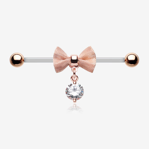 Rose Gold Adorable Mesh Bow-Tie Industrial Barbell-Clear Gem