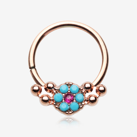 Rose Gold Vintage Boho Turquoise Floral Sparkle Twist Hoop Ring-Turquoise/Fuchsia