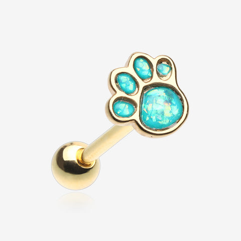 Golden Adorable Paw Print Opalescent Sparkle Barbell Tongue Ring-Teal