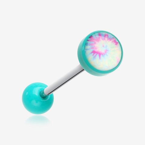 Retro Tie Dye Icon Top Acrylic Barbell Tongue Ring-Teal