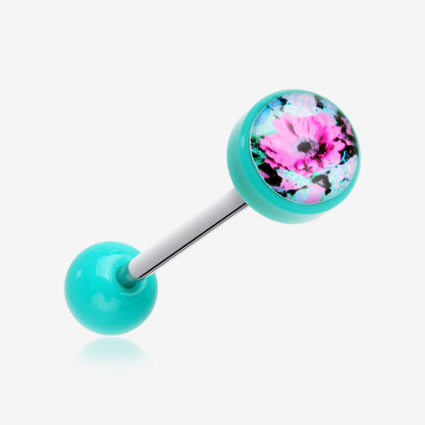 Vintage Floral Icon Top Acrylic Barbell Tongue Ring-Teal