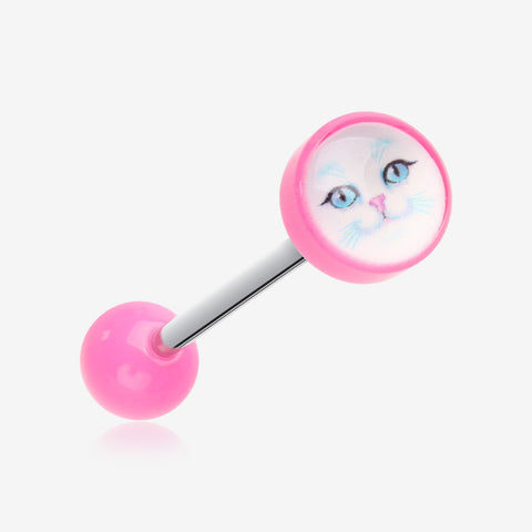 Mystic White Kitty Cat Acrylic Top Barbell Tongue Ring-Pink