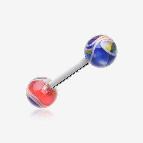 Marble Swirl Acrylic Top Barbell Tongue Ring-Yellow/Blue