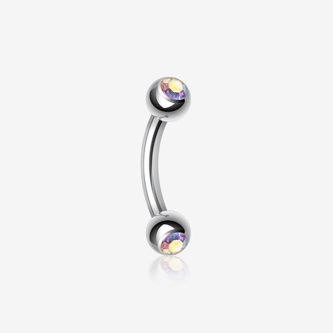 Double Gem Ball Curved Barbell Eyebrow Ring-Aurora Borealis