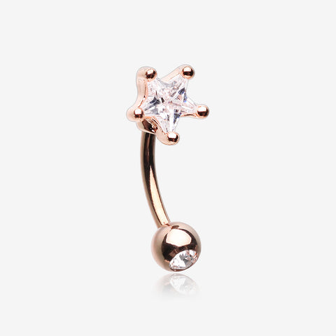 Rose Gold Star Gem Sparkle Prong Curved Barbell-Clear Gem