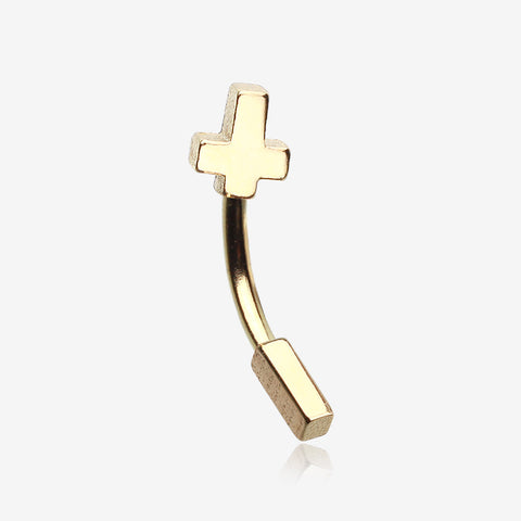 Golden Cross Curved Barbell Eyebrow Ring-Gold