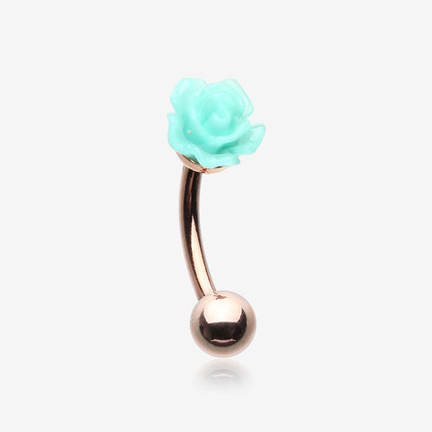 Rose Gold Romantic Rose Blossom Curved Barbell-Aqua