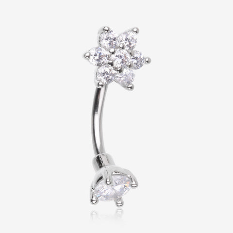 Brilliant Sparkle Flower Prong Gem Top Curved Barbell-Clear Gem