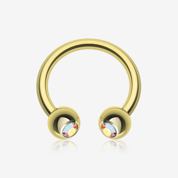 Gold Plated Gem Ball Horseshoe Circular Barbell-Aurora Borealis