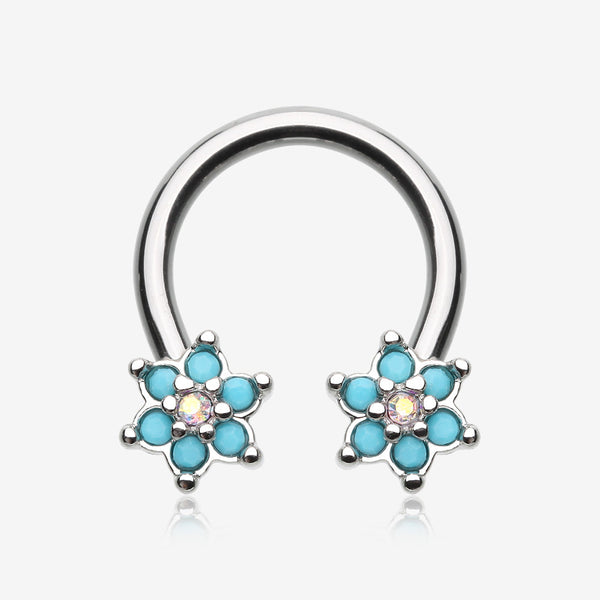 Turquoise Spring Flower Sparkle Horseshoe Circular Barbell-Turquoise/Aurora Borealis