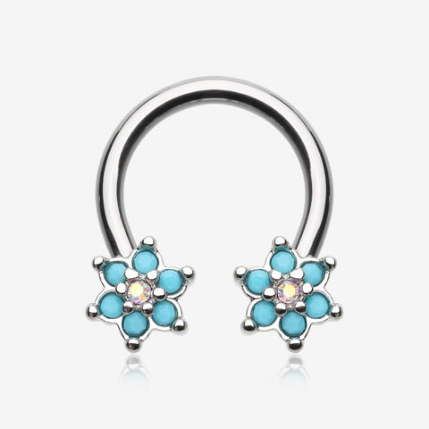 Turquoise Spring Flower Sparkle Horseshoe Circular Barbell-Turquoise/Aurora Borealis