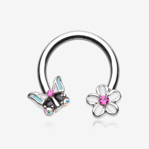 Sweet Butterfly Flower Garden Steel Horseshoe Circular Barbell-Fuchsia/Aurora Borealis