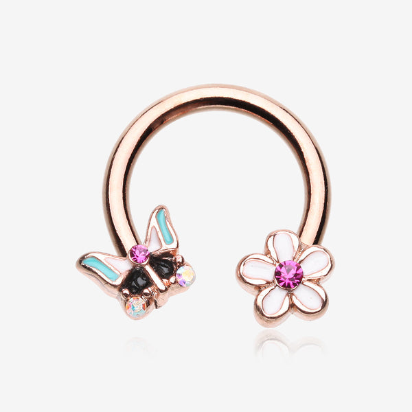 Rose Gold Sweet Butterfly Flower Garden Horseshoe Circular Barbell-Fuchsia/Aurora Borealis