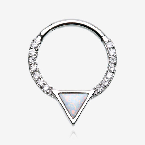 Fire Opal Triangle Multi-Gem Sparkle Rim Seamless Clicker Hoop Ring-Clear Gem/White Opal