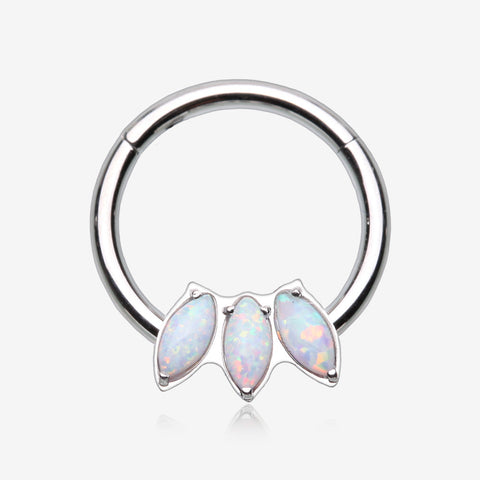 Triple Marquise Fire Opal Sparkle Seamless Clicker Hoop Ring-White Opal