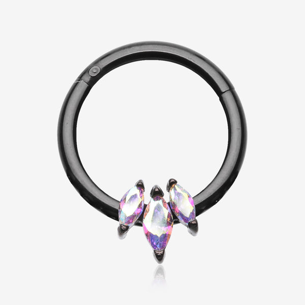 Triple Marquise Multi-Gem Sparkle Seamless Clicker Hoop Ring-Black/Aurora Borealis