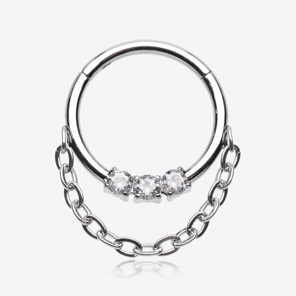 Chained Classic 3 Gem Sparkle Clicker Hoop Ring-Clear Gem