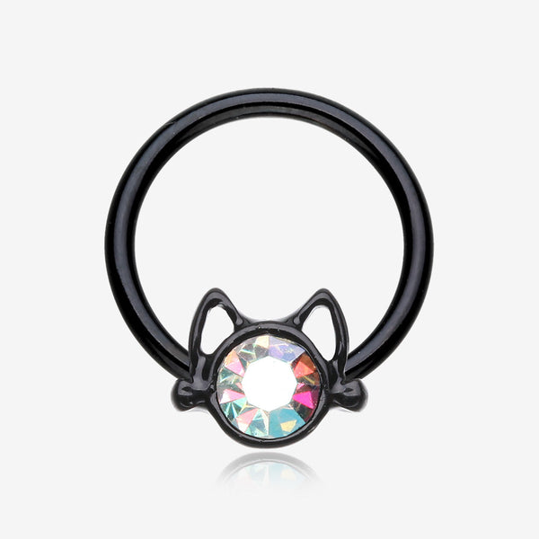 Blackline Adorable Cat Face Sparkle Captive Bead Ring-Black/Aurora Borealis