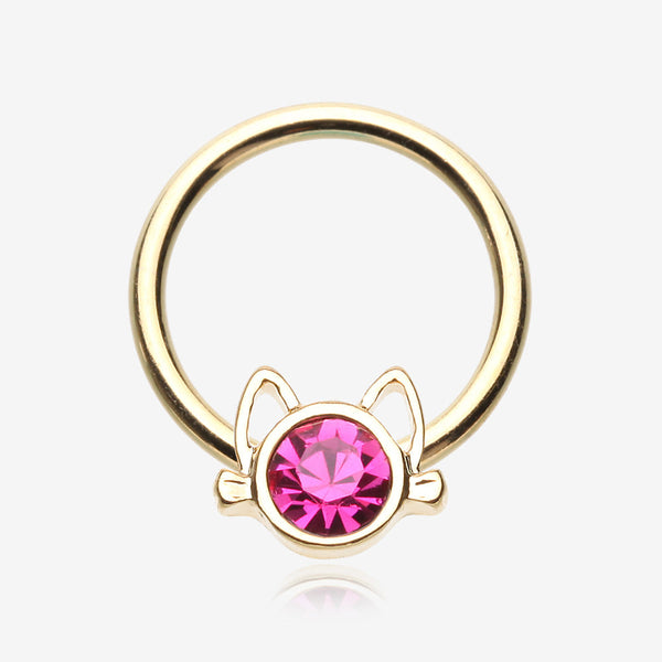 Golden Adorable Cat Face Sparkle Captive Bead Ring-Fuchsia