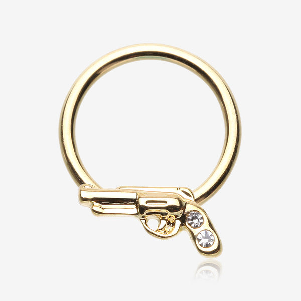 Golden Pistol Gun Sparkle Captive Bead Ring-Clear Gem