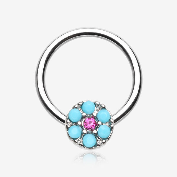 Turquoise Boho Circle Sparkle Captive Bead Ring-Turquoise/Fuchsia