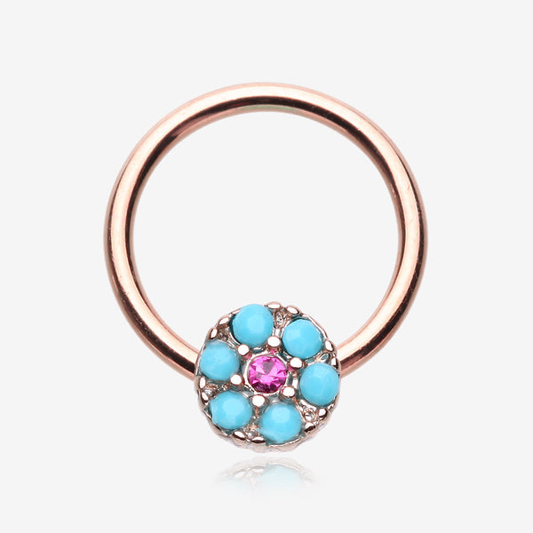 Rose Gold Turquoise Boho Circle Sparkle Captive Bead Ring-Turquoise/Fuchsia