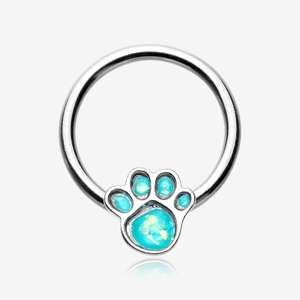 Adorable Paw Print Opalescent Sparkle Captive Bead Ring-Teal