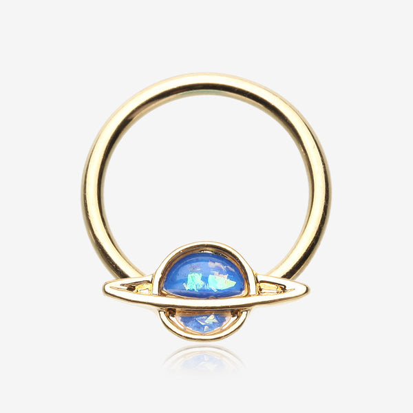 Golden Opalescent Galaxy Planet Captive Bead Ring-Blue