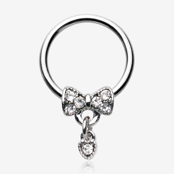 Adorable Bow-Tie Sparkle Dangle Captive Bead Ring-Clear Gem