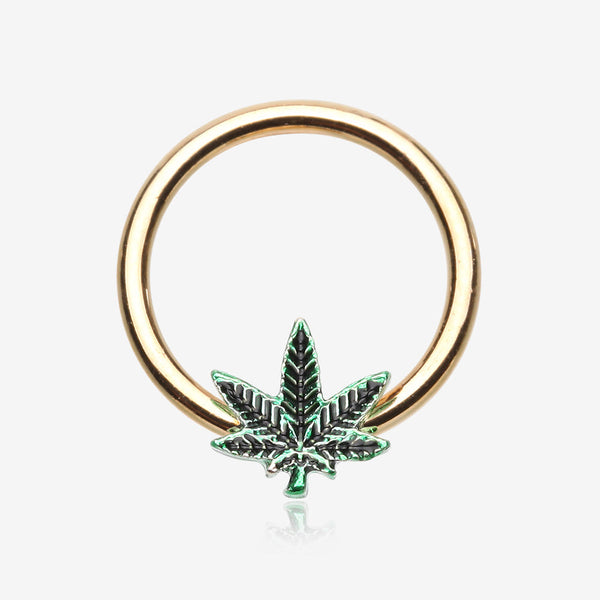 Golden Cannabis Pot Leaf Captive Bead Ring-Green