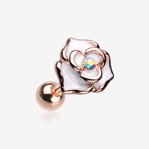 Rose Gold White Rose Sparkle Cartilage Tragus Earring-Aurora Borealis