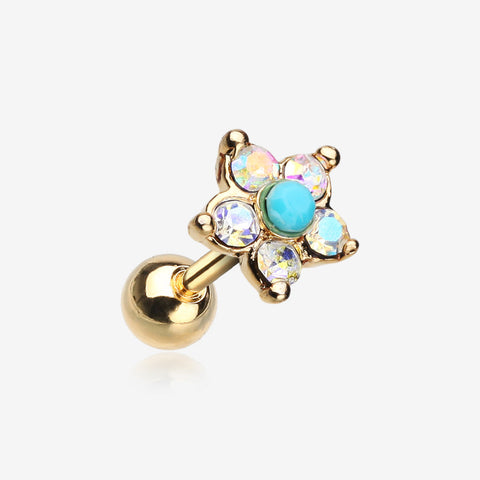 Golden Starburst Turquoise Sparkle Flower Cartilage Tragus Earring-Aurora Borealis/Turquoise