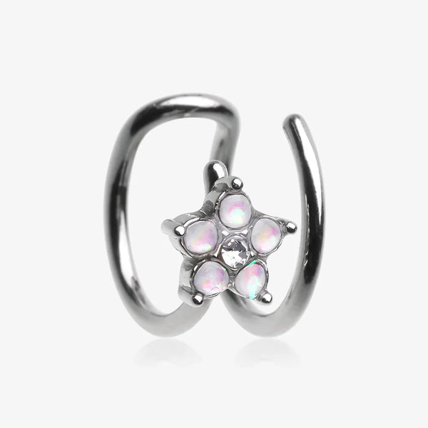 Opalescent Sparkle Flower Double Hoop Non-Piercing Cartilage Helix Ear Clip Cuff-Clear Gem/White