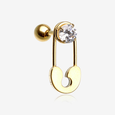 Golden Sparkle Safety Pin Cartilage Tragus Barbell-Clear Gem