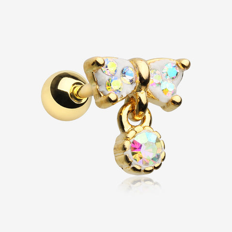 Golden Sparkle Dangle Bow-Tie Cartilage Tragus Barbell-Aurora Borealis