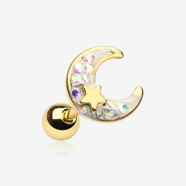 Golden Crescent Moon Star Sparkle Cartilage Tragus Barbell-Aurora Borealis