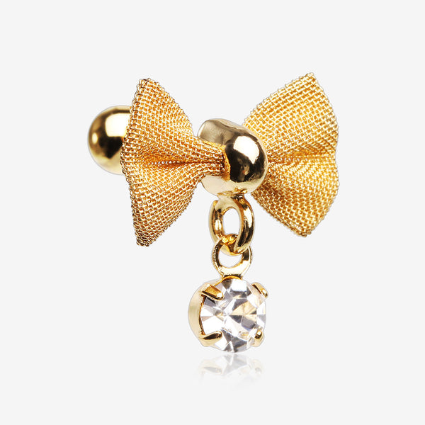 Golden Dainty Mesh Bow-Tie Sparkle Dangle Cartilage Tragus Barbell-Clear Gem