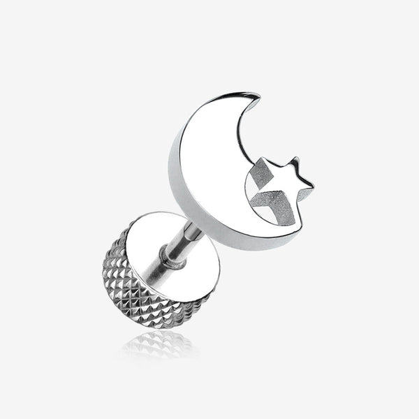 A Pair of Crescent Moon & Star Steel Fake Plug Earring-Steel